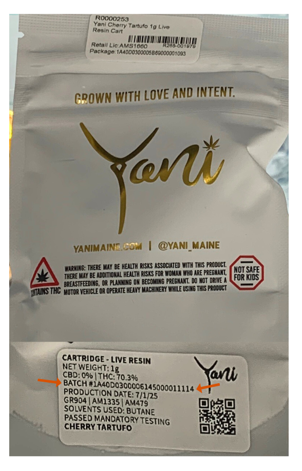Recalled Yani vape package showing 'Grown with love and intent' and batch/testing info